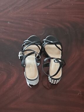 le chateau Black Strappy Block Heel Sandals with Rhinestone Heel Accent